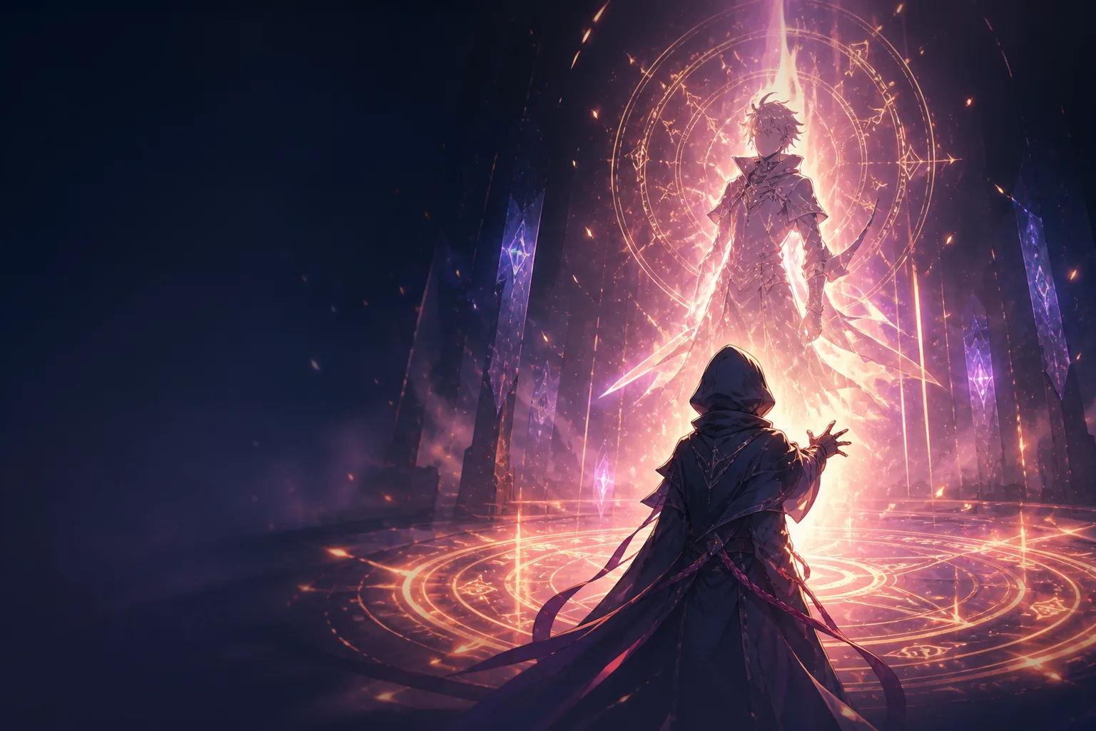 A hooded summoner kneels before a glowing knight rising from a runic seal