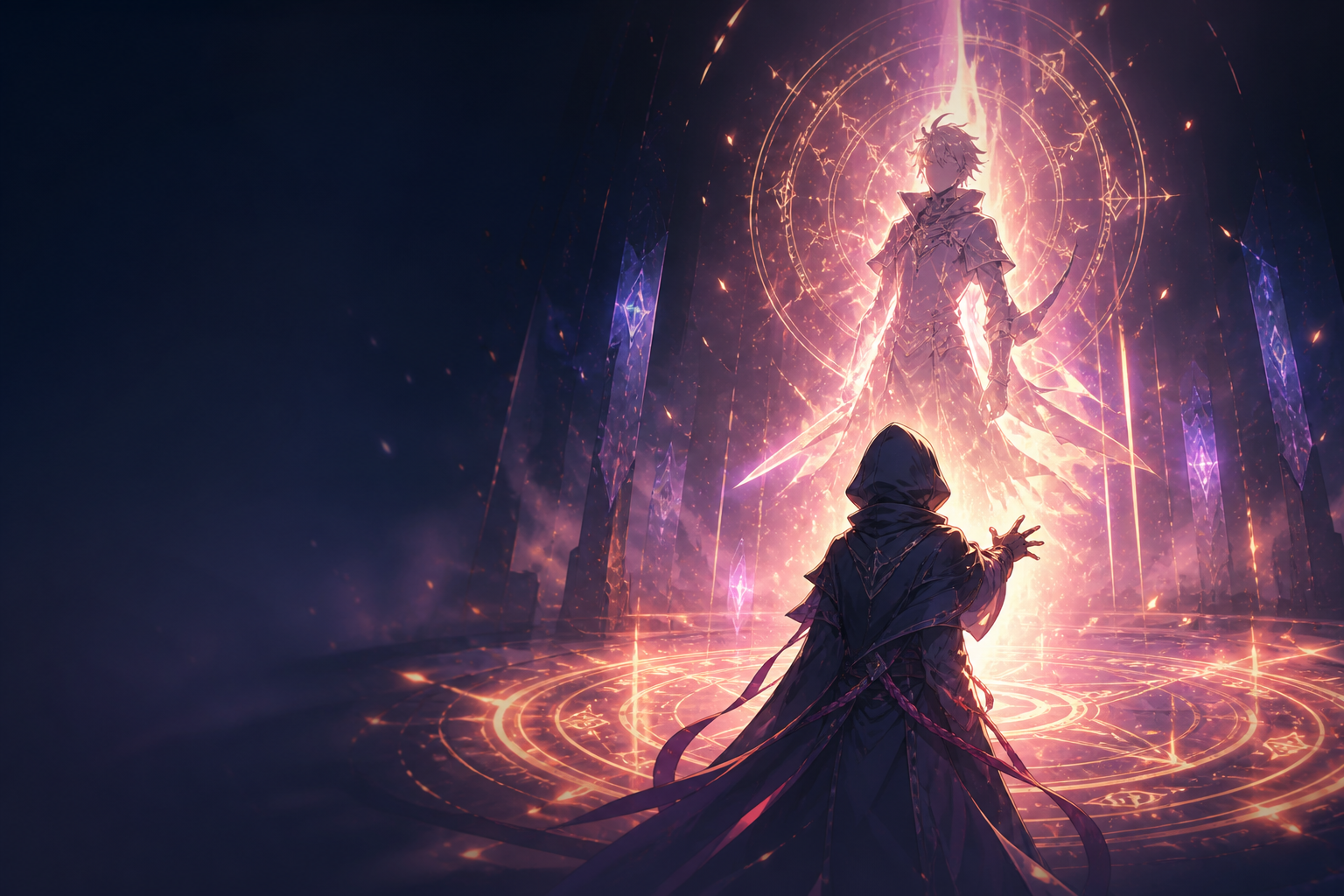 A hooded summoner kneels before a glowing knight rising from a runic seal